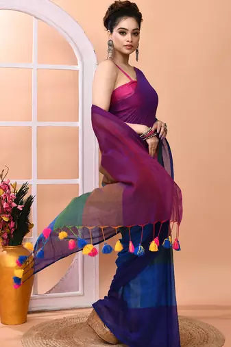 Multicolour daily wear handloom cotton blend saree without blouse