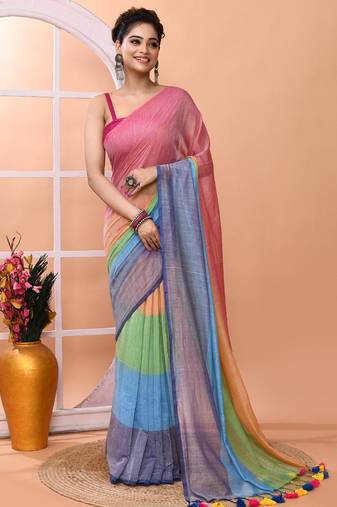 Multicolour daily wear handloom cotton blend saree without blouse