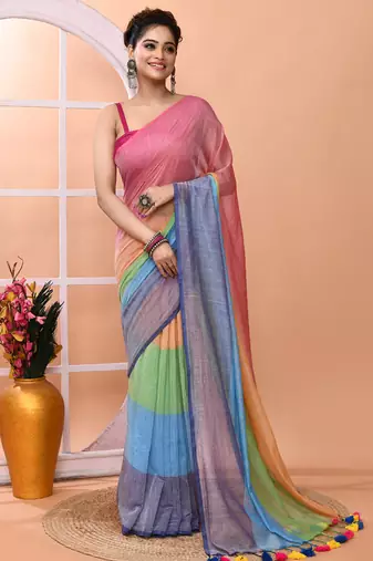 Multicolour daily wear handloom cotton blend saree without blouse