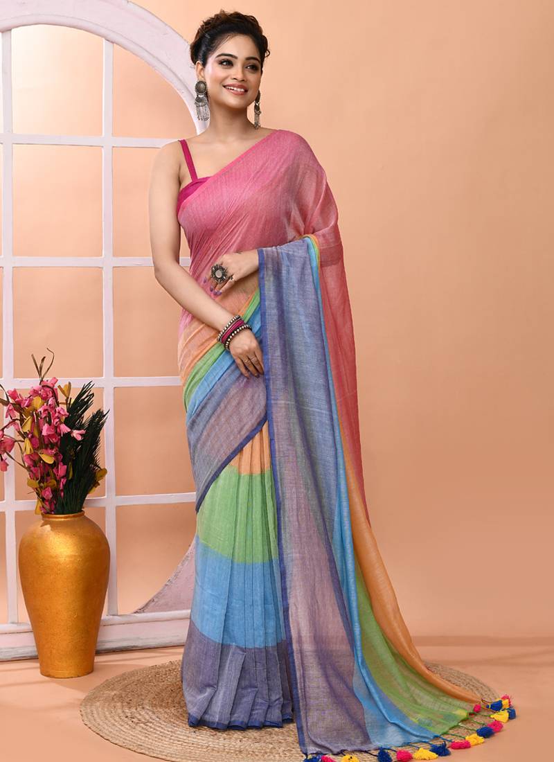 Multicolour daily wear handloom cotton blend saree without blouse