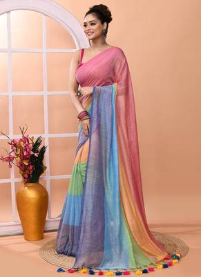 Multicolour daily wear handloom cotton blend saree without blouse 2