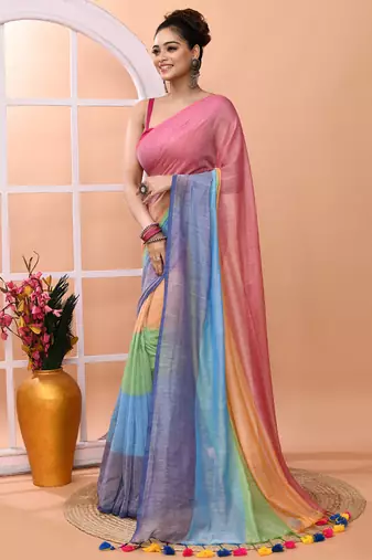 Multicolour daily wear handloom cotton blend saree without blouse