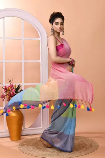 Multicolour daily wear handloom cotton blend saree without blouse