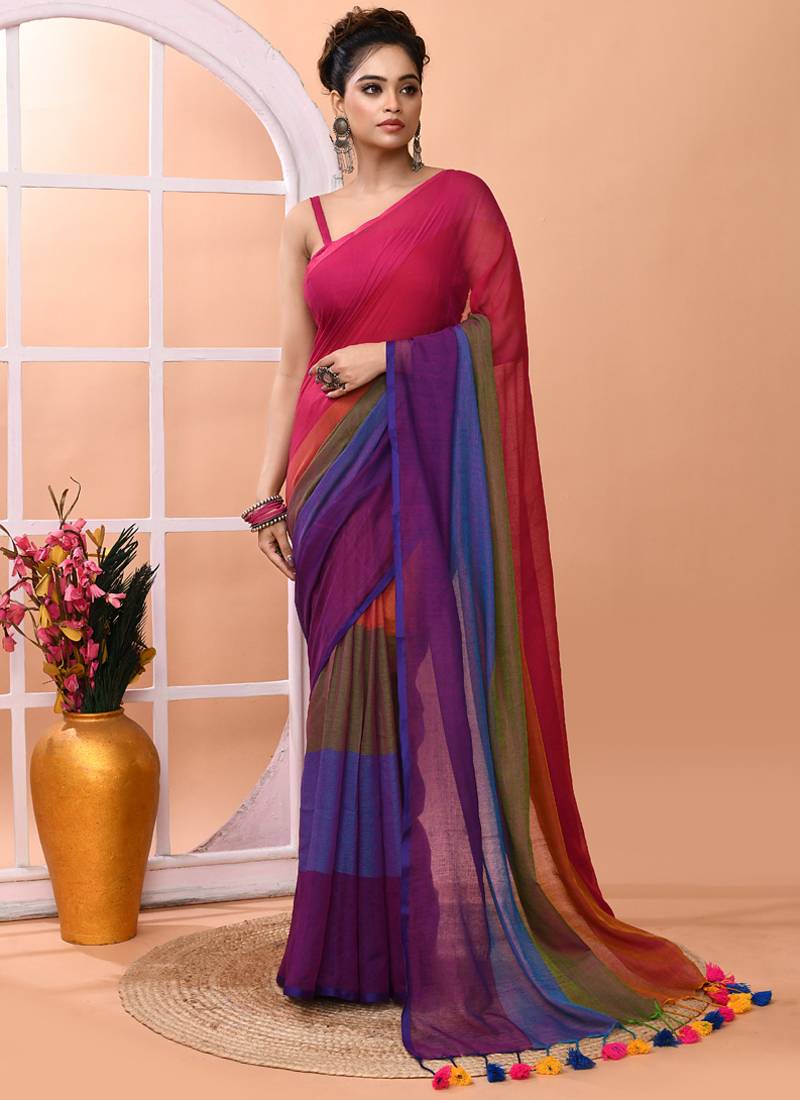 Multicolour daily wear handloom cotton blend saree without blouse