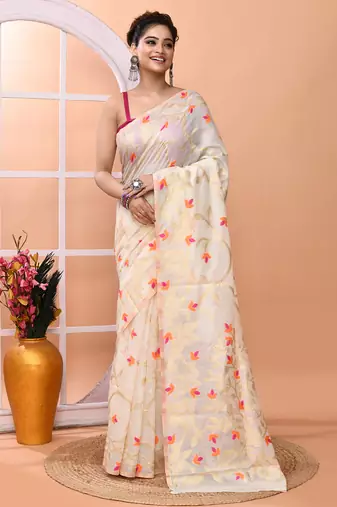 Off white festive wear semi silk blend jamdani saree with running blouse