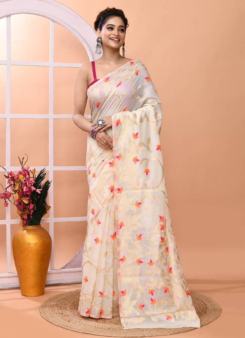 Off white festive wear semi silk blend jamdani saree with running blouse