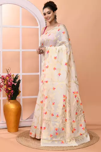 Off white festive wear semi silk blend jamdani saree with running blouse