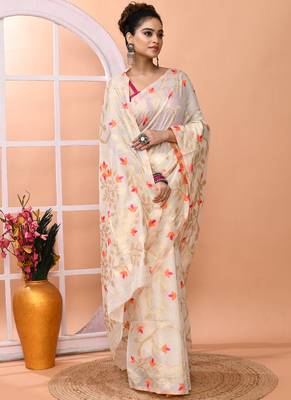 Off white festive wear semi silk blend jamdani saree with running blouse 3