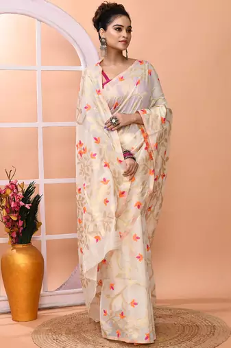 Off white festive wear semi silk blend jamdani saree with running blouse
