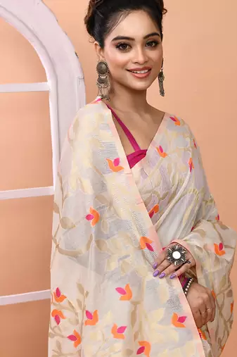 Off white festive wear semi silk blend jamdani saree with running blouse