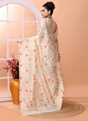 Off white festive wear semi silk blend jamdani saree with running blouse 5