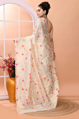 Off white festive wear semi silk blend jamdani saree with running blouse