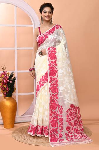 Off white festive wear cotton silk pink border pallu jamdani saree with running blouse