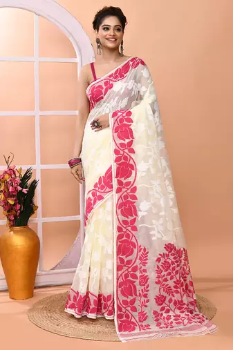 Off white festive wear cotton silk pink border pallu jamdani saree with running blouse