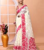 Off white festive wear cotton silk pink border pallu jamdani saree with running blouse