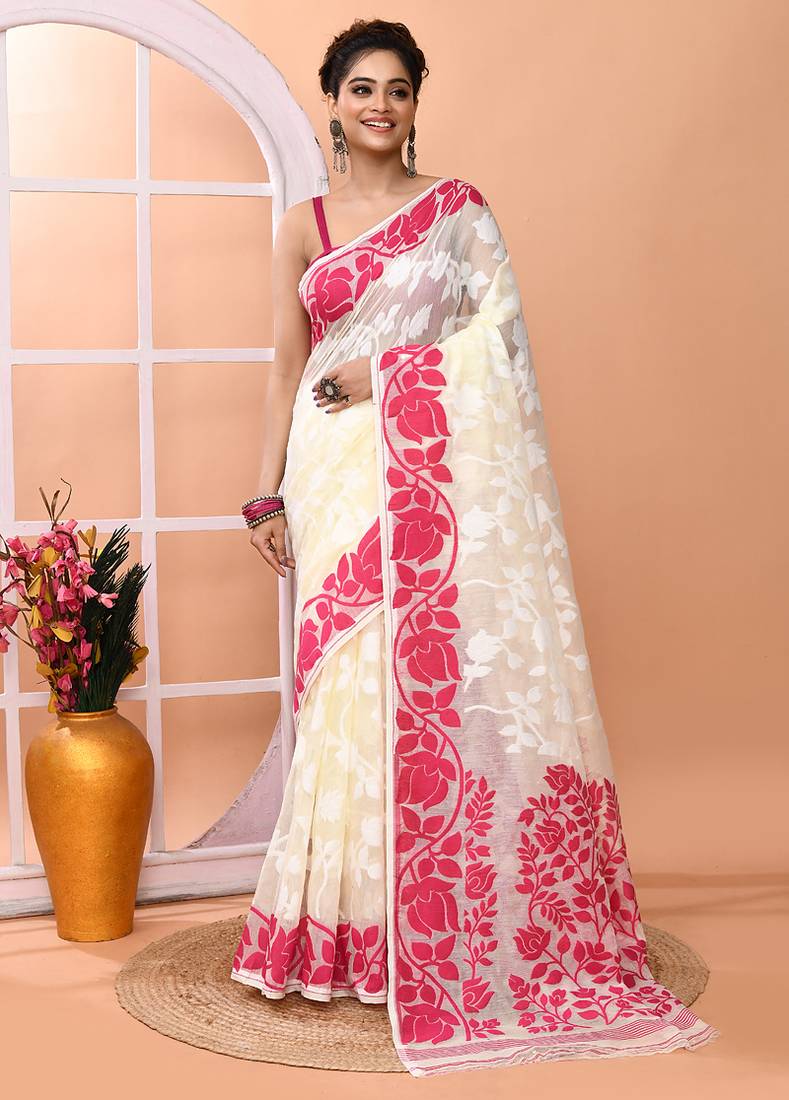 Off white festive wear cotton silk pink border pallu jamdani saree with running blouse