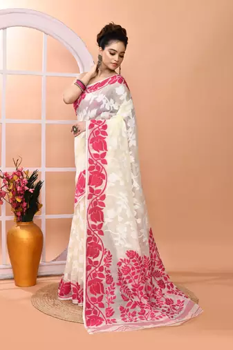 Off white festive wear cotton silk pink border pallu jamdani saree with running blouse