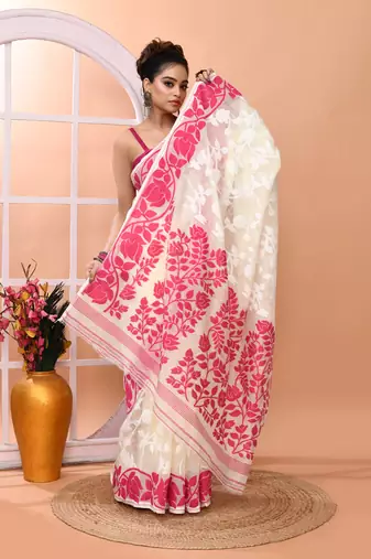 Off white festive wear cotton silk pink border pallu jamdani saree with running blouse