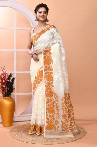 Off white festive wear cotton silk bronze border pallu jamdani saree with running blouse