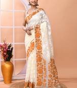 Off white festive wear cotton silk bronze border pallu jamdani saree with running blouse