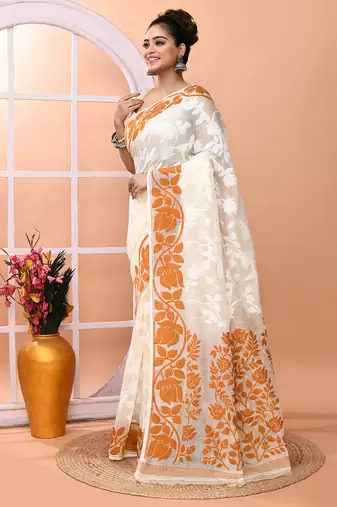 Off white festive wear cotton silk bronze border pallu jamdani saree with running blouse