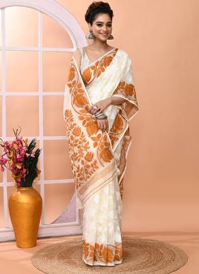 Off white festive wear cotton silk bronze border pallu jamdani saree with running blouse 3