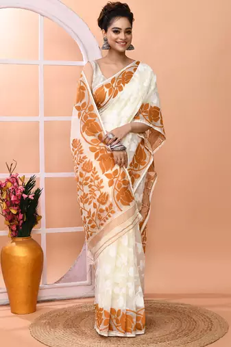 Off white festive wear cotton silk bronze border pallu jamdani saree with running blouse