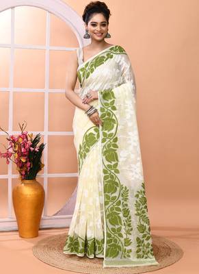 Off white festive wear cotton silk green border pallu jamdani saree with running blouse 1