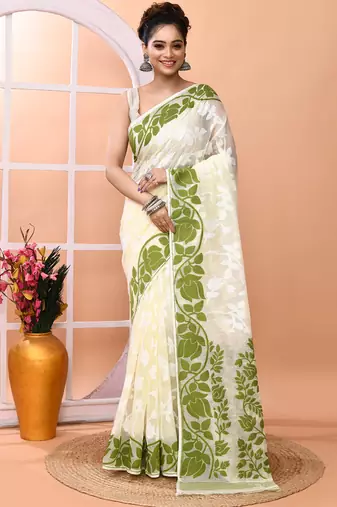 Off white festive wear cotton silk green border pallu jamdani saree with running blouse