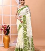 Off white festive wear cotton silk green border pallu jamdani saree with running blouse