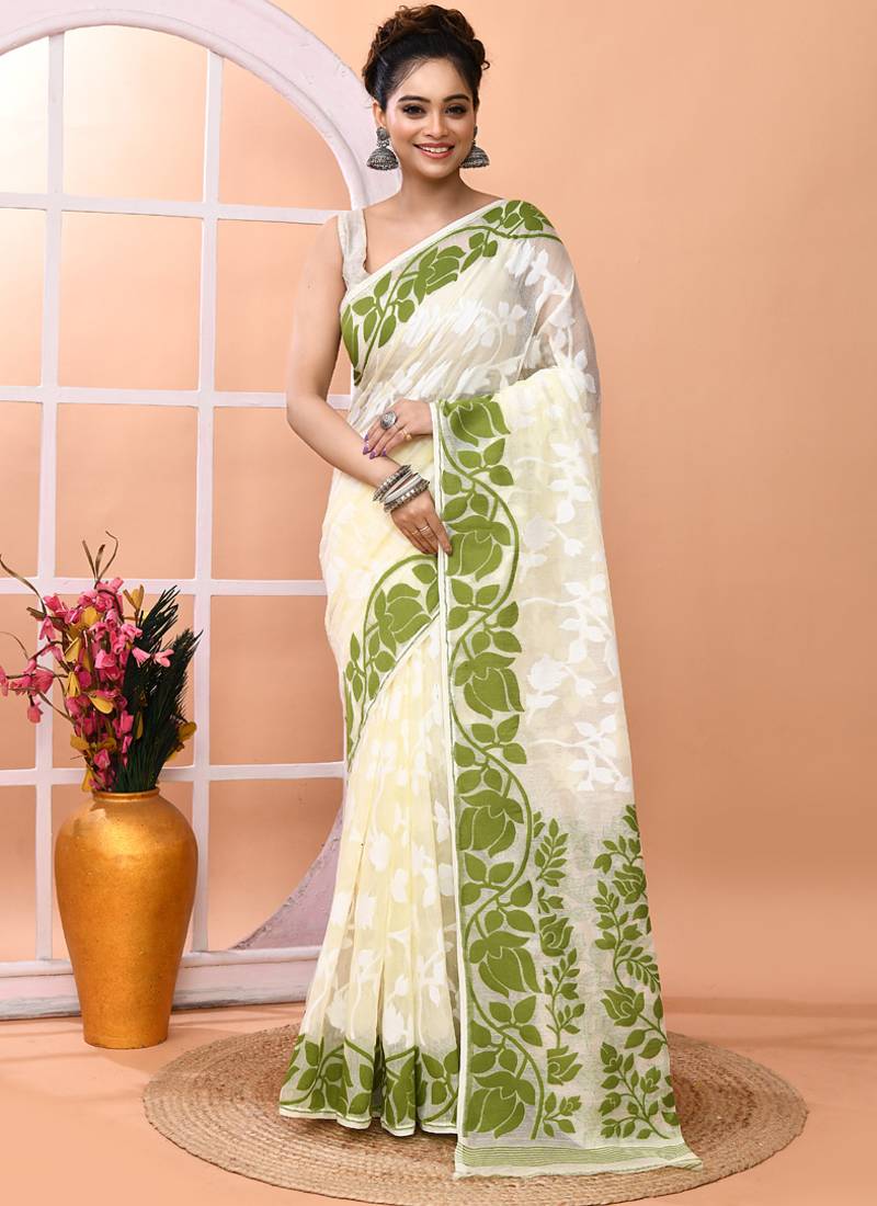 Off white festive wear cotton silk green border pallu jamdani saree with running blouse