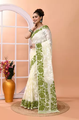 Off white festive wear cotton silk green border pallu jamdani saree with running blouse
