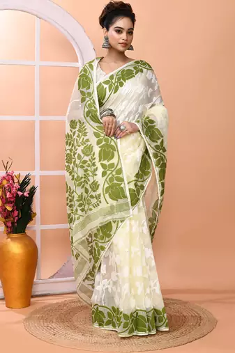 Off white festive wear cotton silk green border pallu jamdani saree with running blouse