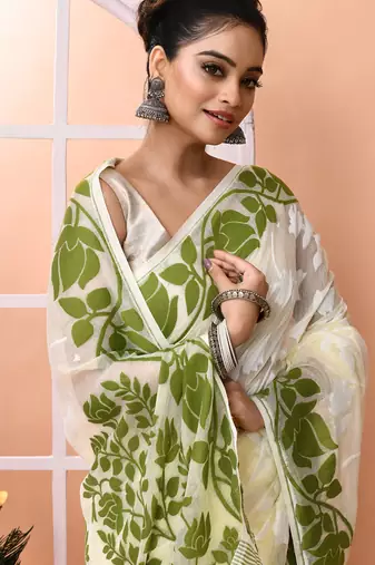 Off white festive wear cotton silk green border pallu jamdani saree with running blouse
