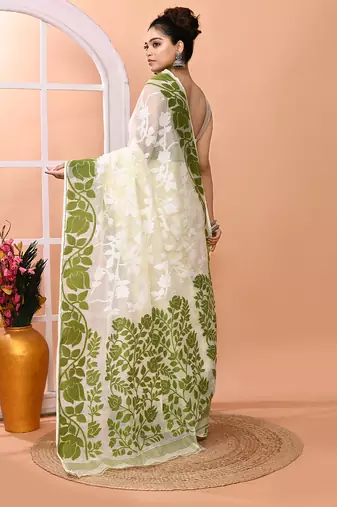 Off white festive wear cotton silk green border pallu jamdani saree with running blouse