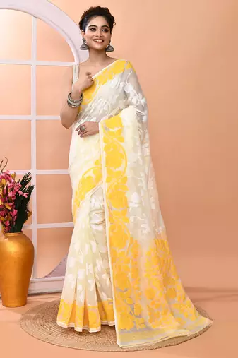 Off white festive wear cotton silk yellow border pallu jamdani saree with running blouse