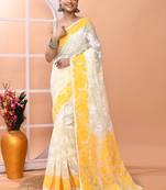Off white festive wear cotton silk yellow border pallu jamdani saree with running blouse