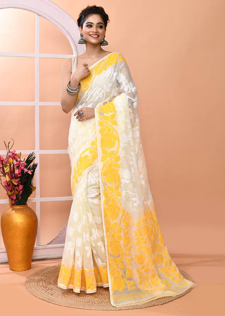 Off white festive wear cotton silk yellow border pallu jamdani saree with running blouse