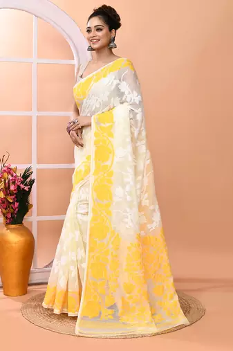 Off white festive wear cotton silk yellow border pallu jamdani saree with running blouse