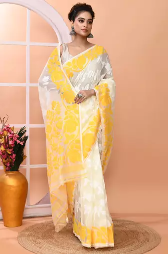 Off white festive wear cotton silk yellow border pallu jamdani saree with running blouse