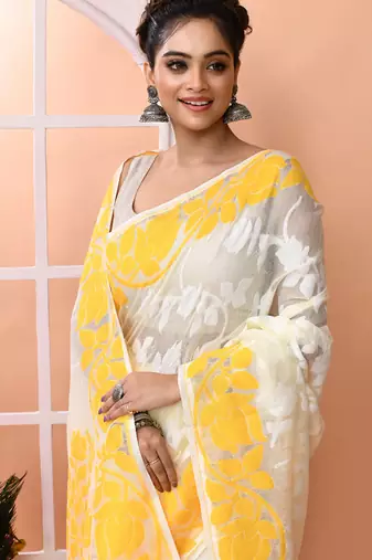 Off white festive wear cotton silk yellow border pallu jamdani saree with running blouse