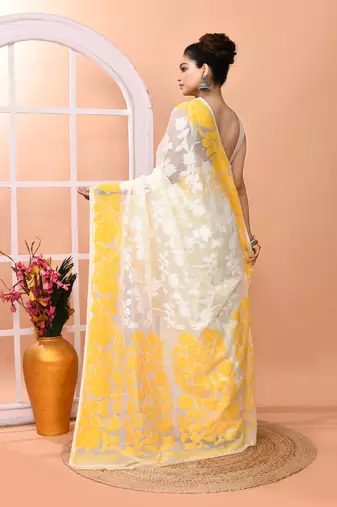 Off white festive wear cotton silk yellow border pallu jamdani saree with running blouse