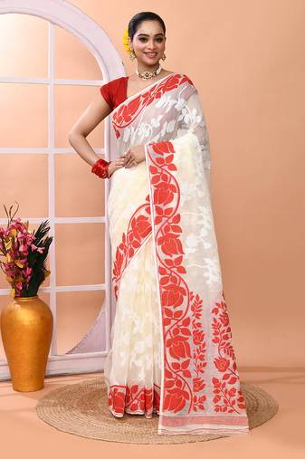 Off white festive wear cotton silk red border pallu jamdani saree with running blouse