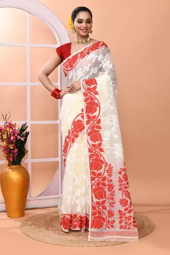 Off white festive wear cotton silk red border pallu jamdani saree with running blouse