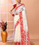 Off white festive wear cotton silk red border pallu jamdani saree with running blouse