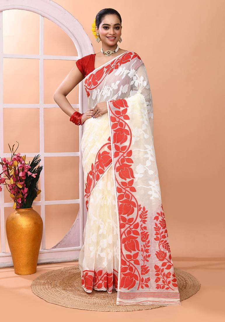 Off white festive wear cotton silk red border pallu jamdani saree with running blouse