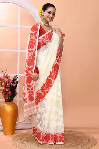 Off white festive wear cotton silk red border pallu jamdani saree with running blouse