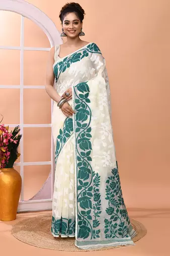 Off white festive wear cotton silk rama border pallu jamdani saree with running blouse