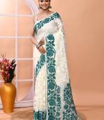 Off white festive wear cotton silk rama border pallu jamdani saree with running blouse