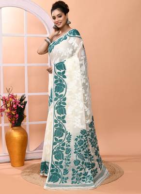 Off white festive wear cotton silk rama border pallu jamdani saree with running blouse 2